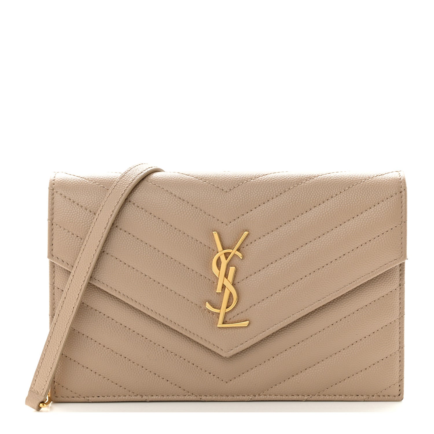 Saint Laurent Grain De Poudre Matelasse Chevron Monogram Envelope Chain Wallet Dark Latte 1 of 12
