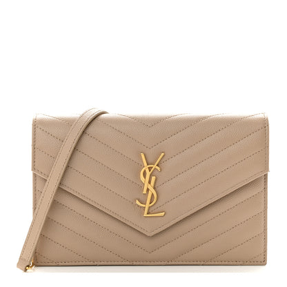 Saint Laurent Grain De Poudre Matelasse Chevron Monogram Envelope Chain Wallet Dark Latte 1 of 12