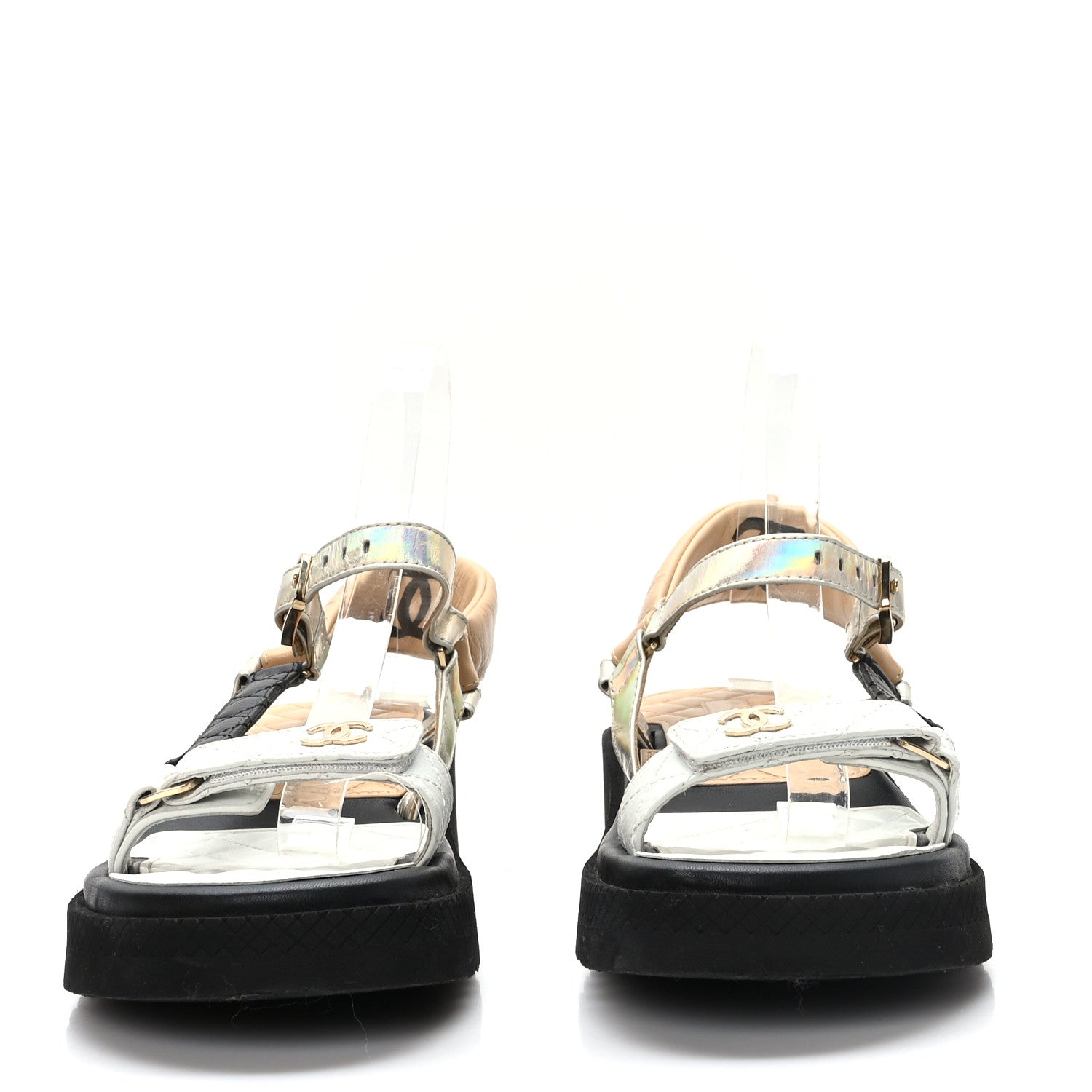 Chanel Lambskin Logo Platform Sandals 41 Beige Gold White 2 of 8