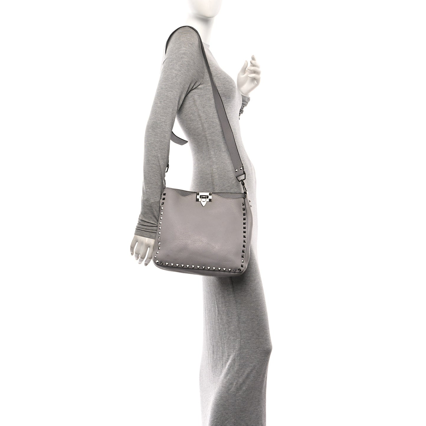 Pebbled Calfskin Small Rockstud Flip-Lock Messenger Bag Grey