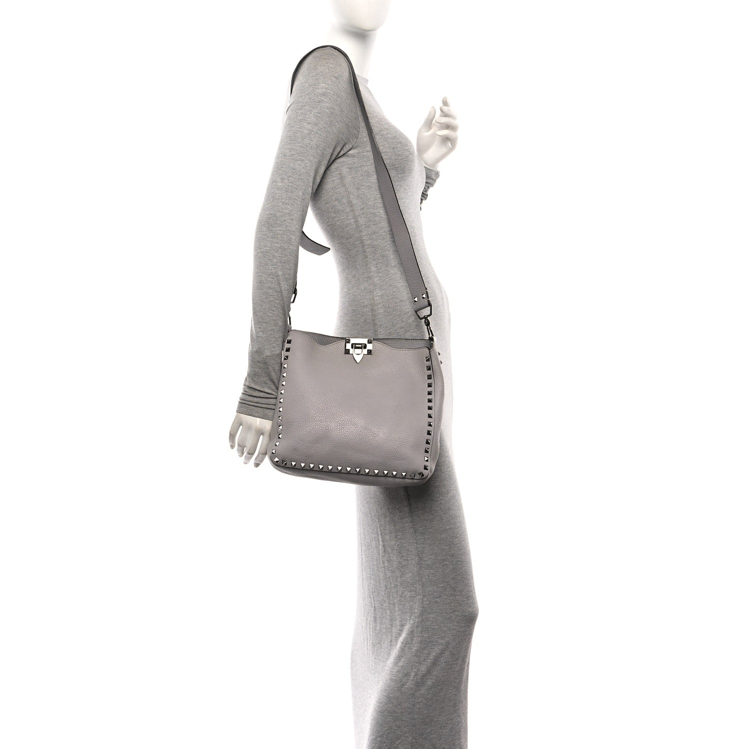 Valentino Garavani Pebbled Calfskin Small Rockstud Flip-Lock Messenger Bag Grey 3 of 9