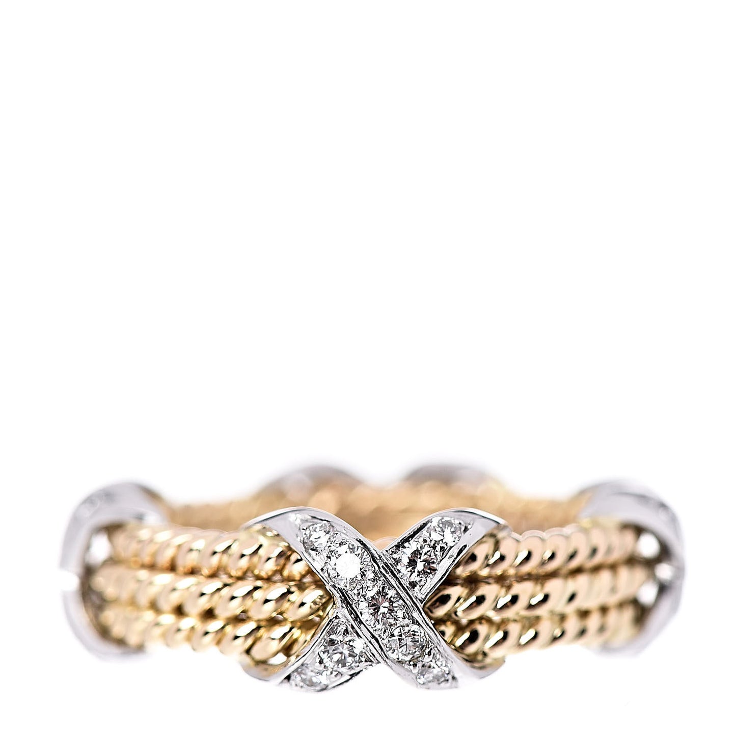 18K Yellow Gold Platinum Diamond Schlumberger Rope 3 Row X Ring 50 5.25
