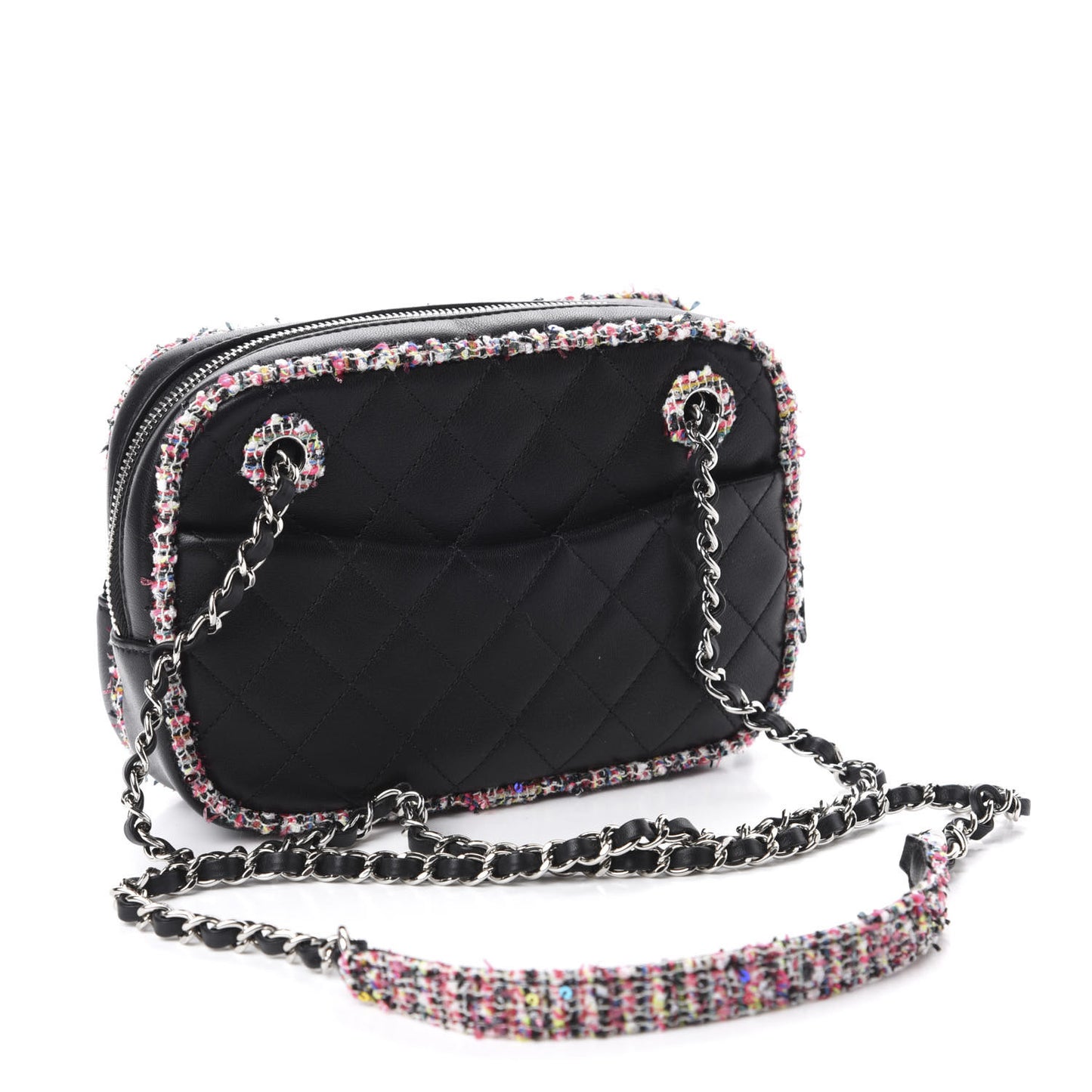 Lambskin Quilted Tweed Elegant Trim Front Zip Camera Case Black