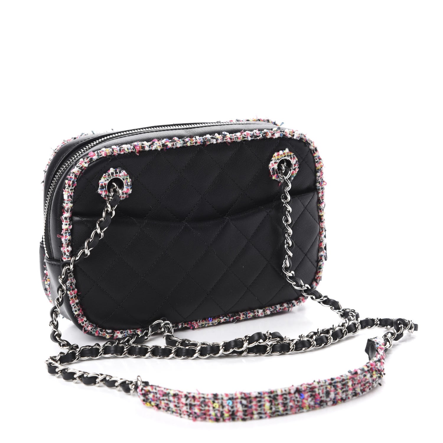 Chanel Lambskin Quilted Tweed Elegant Trim Front Zip Camera Case Black 3 of 10