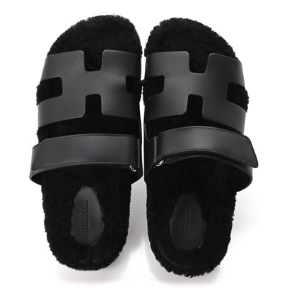 Hermes Calfskin Woolskin Womens Chypre Sandals 39 Black 2 of 10