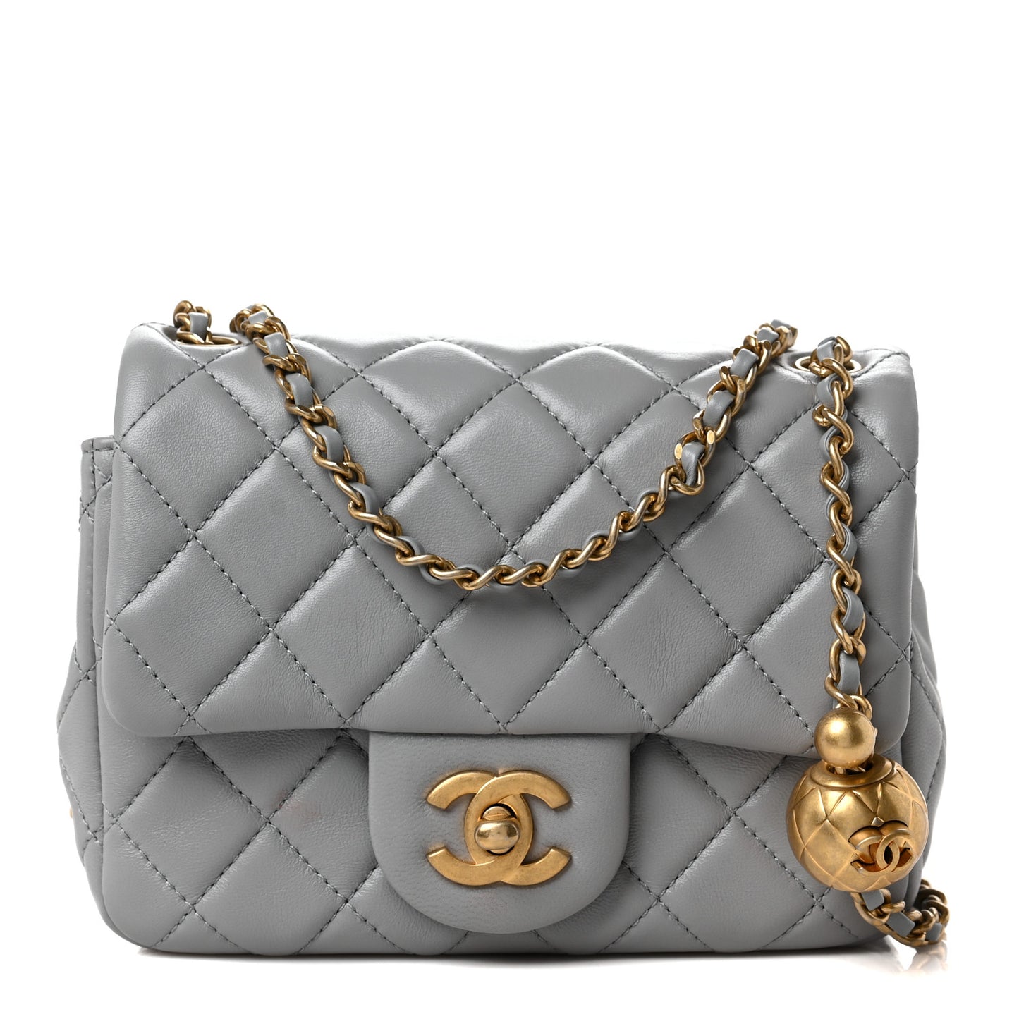 Lambskin Quilted Mini Pearl Crush Flap Light Grey