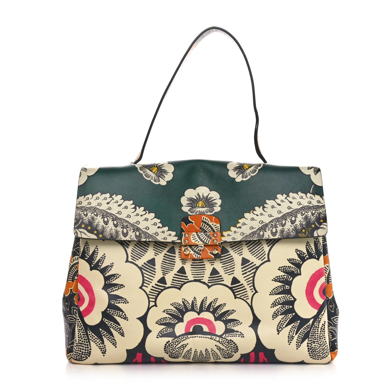 Valentino Garavani Calfskin Floral Print Mime Single Handle Bag Green 1 of 9