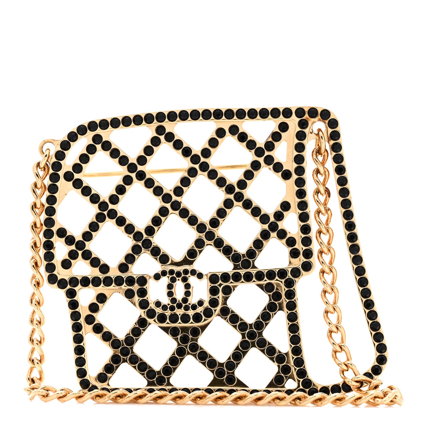 Metal Crystal Quilted Flap Bag Brooch Gold Black