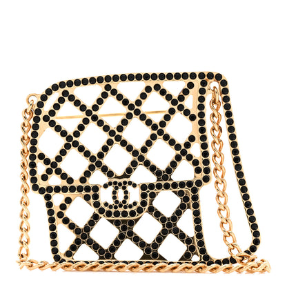 Chanel Metal Crystal Quilted Flap Bag Brooch Gold Black 1 of 5