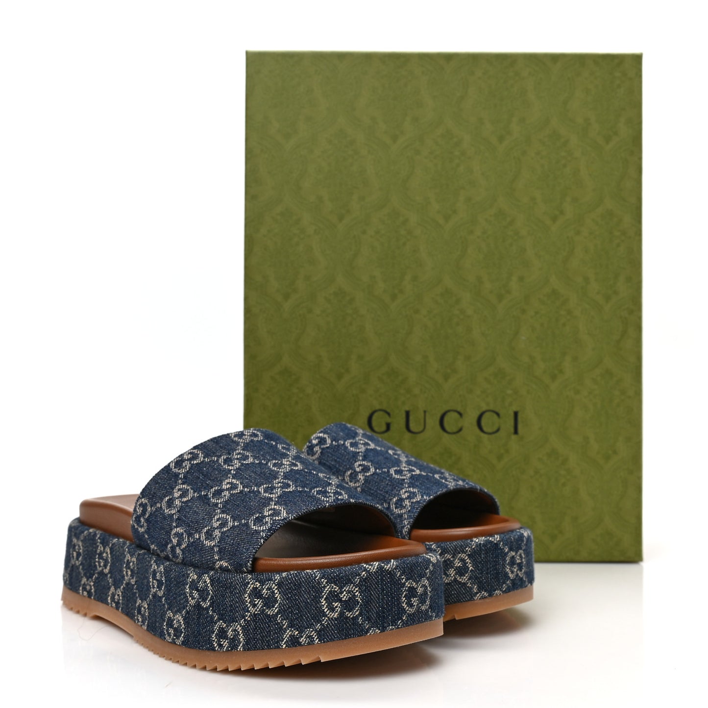 Jacquard Black Denim GG Monogram Angelina Platform 55mm Slide Sandals 38 Blue Tea Cuir