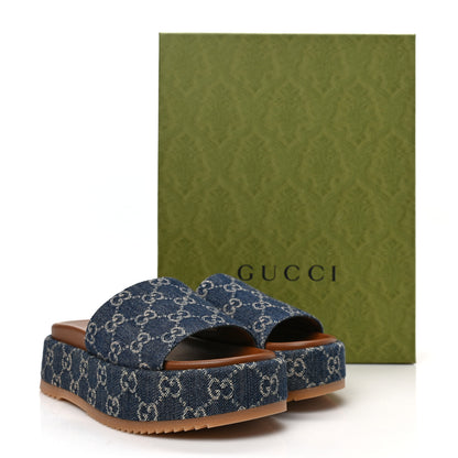 Gucci Jacquard Black Denim GG Monogram Angelina Platform 55mm Slide Sandals 38 Blue Tea Cuir 9 of 9
