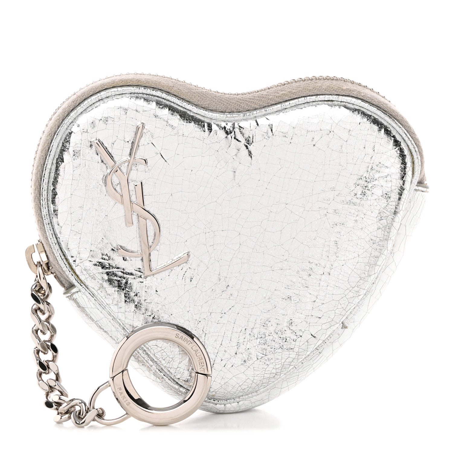 Saint Laurent Metallic Cracked Calfskin Monogram Heart Key Pouch Silver 1 of 10