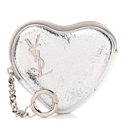 Saint Laurent Metallic Cracked Calfskin Monogram Heart Key Pouch Silver 1 of 10