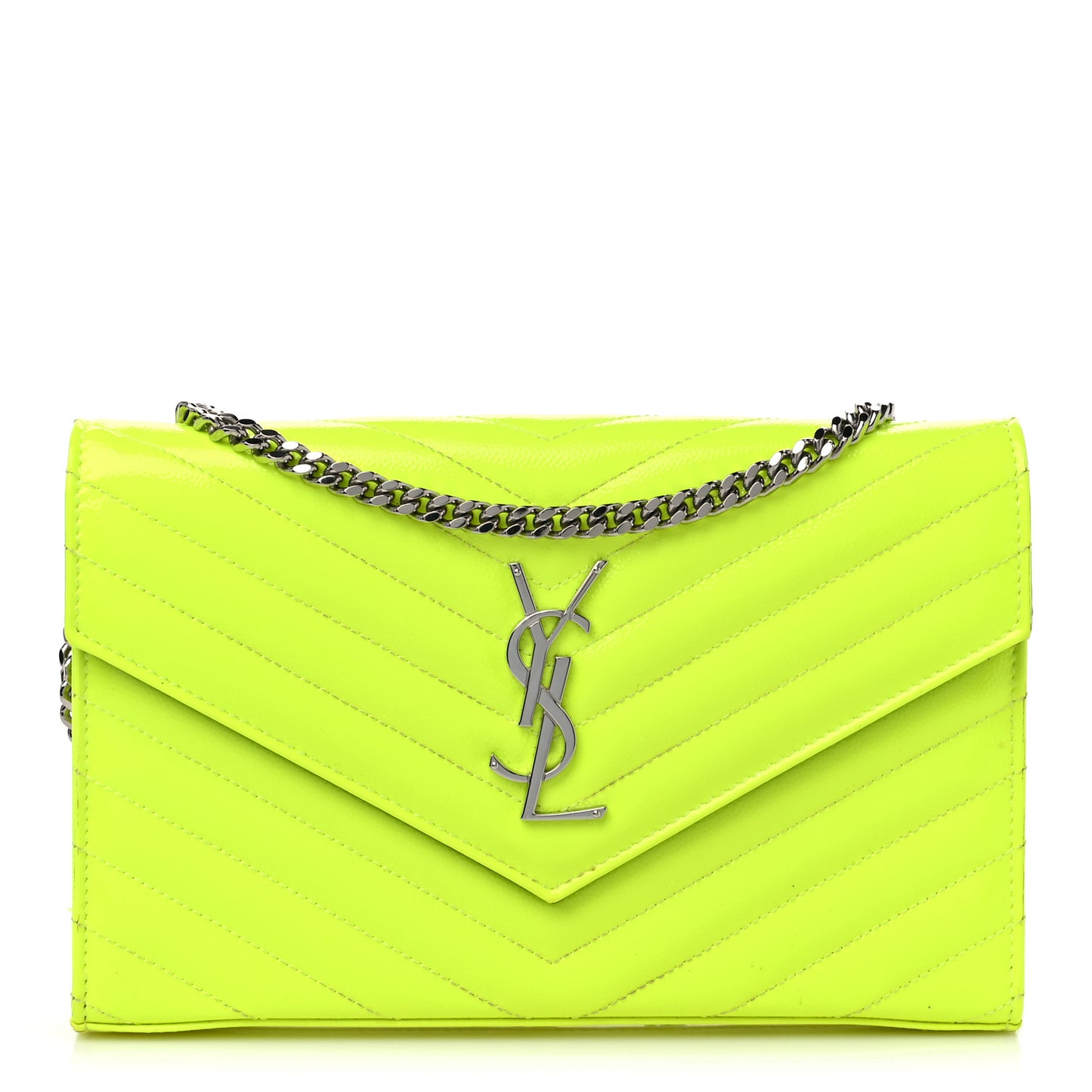 Patent Grain De Poudre Matelasse Chevron Monogram Chain Wallet Neon Yellow