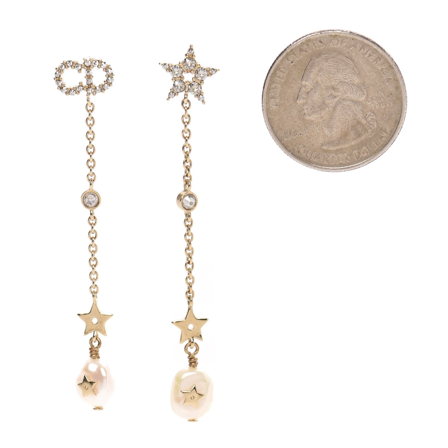 Christian Dior Pearl Crystal Shiny-D Dangle Chain Earrings Gold 2 of 3