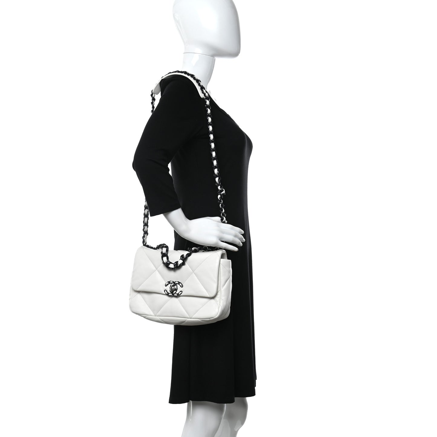 Glossy Calfskin Quilted Medium Chanel 19 Flap White Black