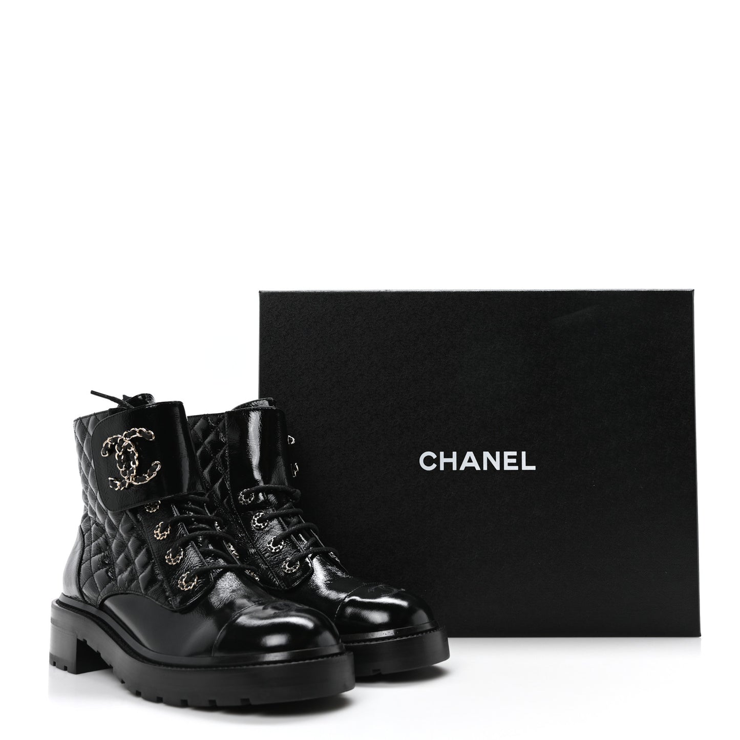 Shiny Calfskin Quilted Lace Up Combat Boots 40.5 Black