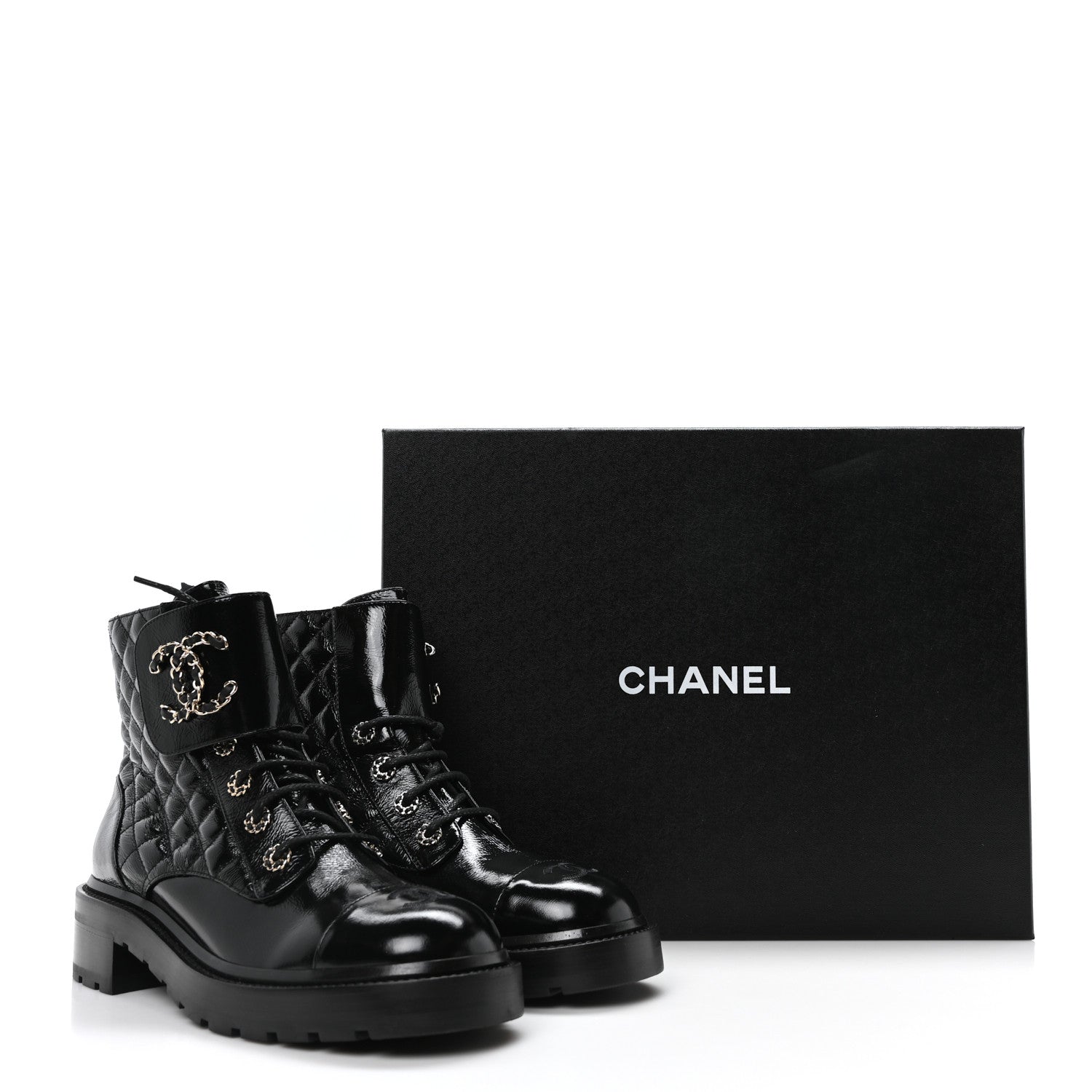 Chanel Shiny Calfskin Quilted Lace Up Combat Boots 40.5 Black 8 of 8