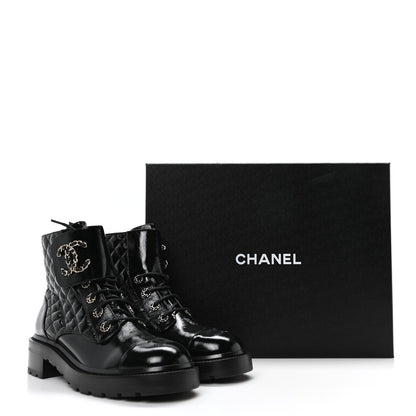 Chanel Shiny Calfskin Quilted Lace Up Combat Boots 40.5 Black 8 of 8