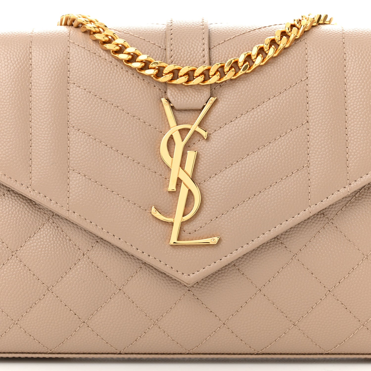 Saint Laurent Grain De Poudre Mixed Matelasse Triquilt Monogram Chain Wallet Dark Beige 7 of 9