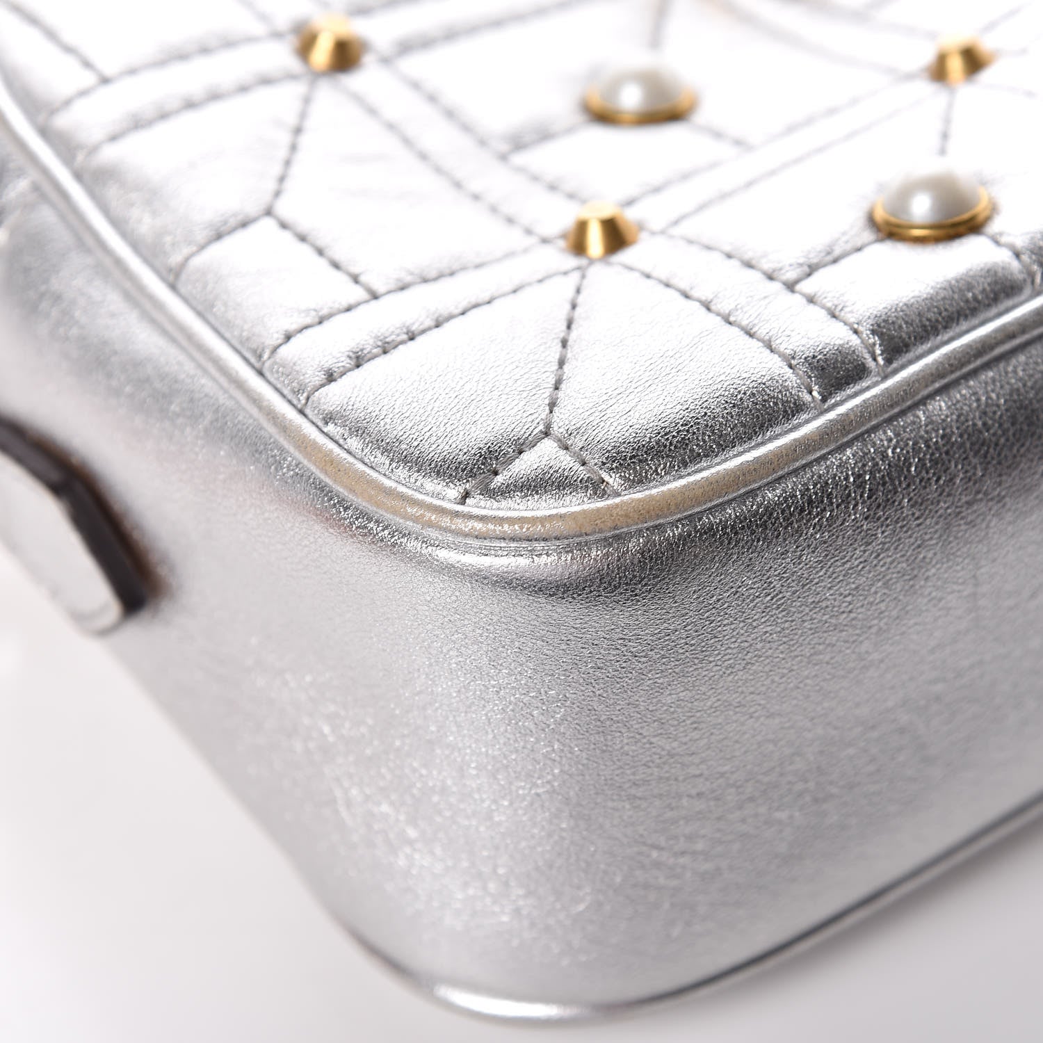 Gucci Metallic Calfskin Matelasse Studded Small Pearly GG Marmont Chain Shoulder Bag Silver 13 of 15