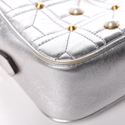 Gucci Metallic Calfskin Matelasse Studded Small Pearly GG Marmont Chain Shoulder Bag Silver 13 of 15