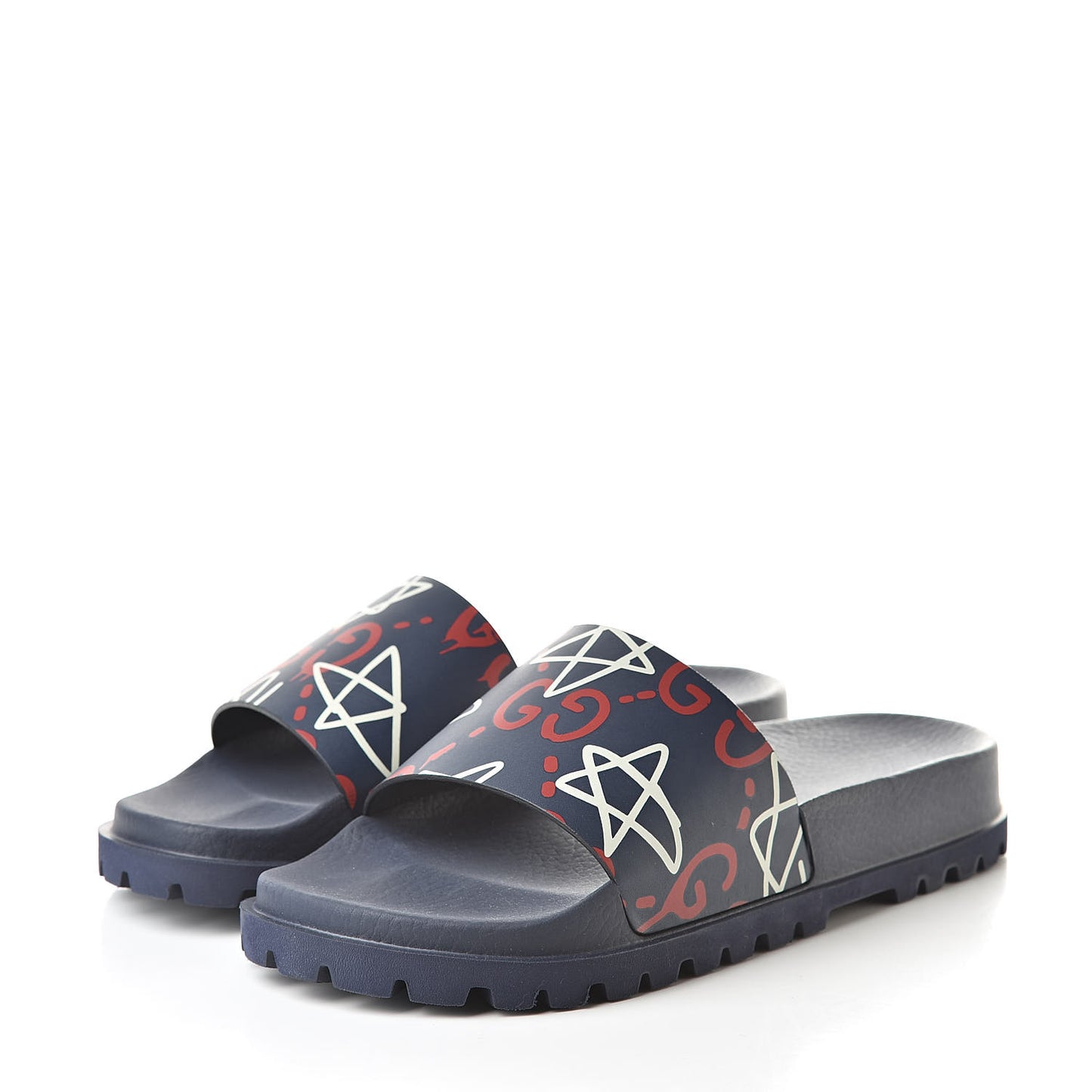 Calfskin Rubber GucciGhost Mens Lug Sole Slide Sandals 7 Blue Agata Hibiscus Red