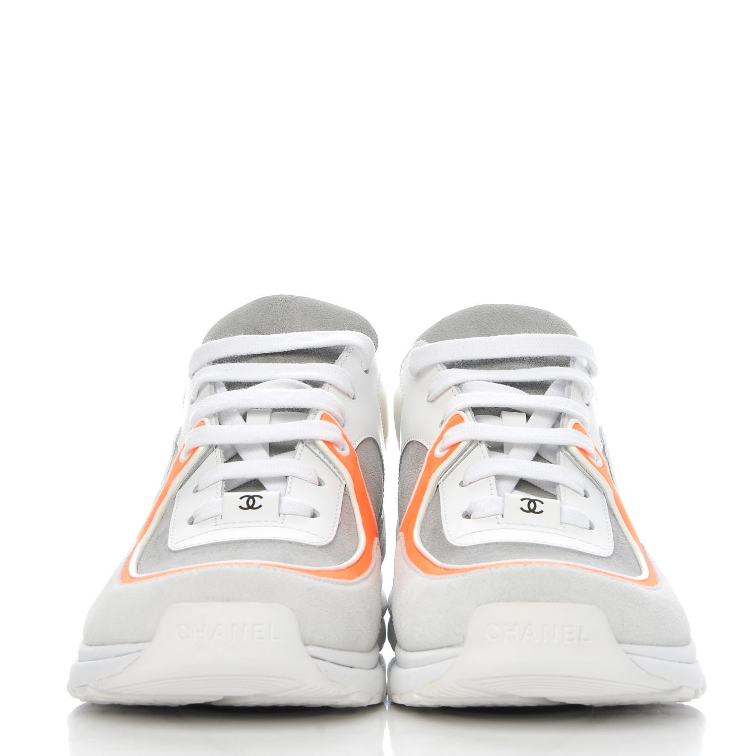 Chanel Suede Calfskin Fabric CC Sneakers 40 White Grey Fluo Orange 2 of 9