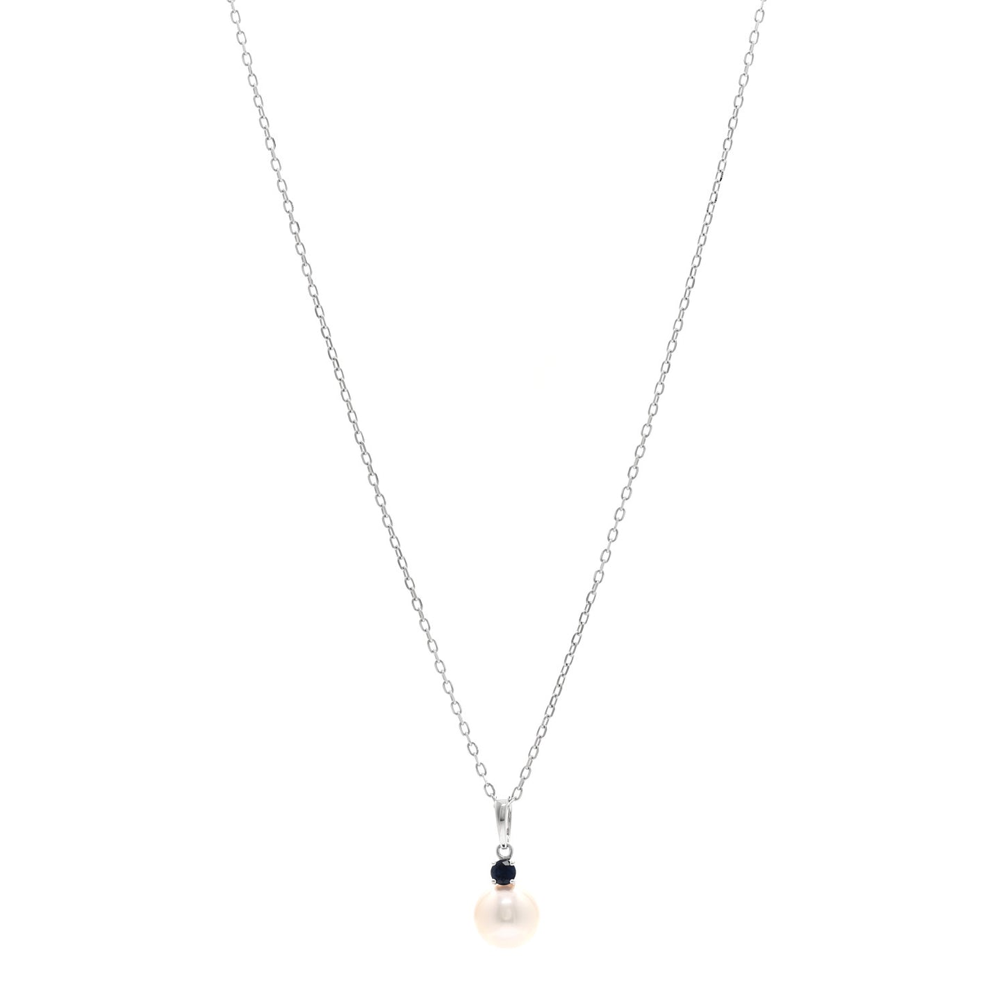18K White Gold Blue Sapphire Akoya Cultured Pearl 8-8.5mm Pendant Necklace