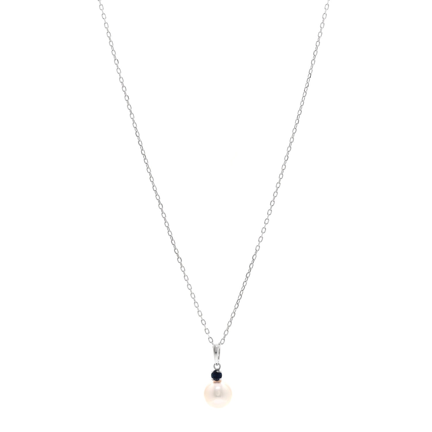 Mikimoto 18K White Gold Blue Sapphire Akoya Cultured Pearl 8-8.5mm Pendant Necklace 1 of 5
