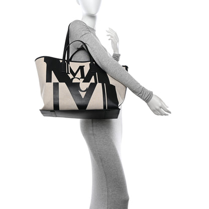 MCM Canvas Glitch Logo Medium Aren Shopper Tote Black White 2 of 15