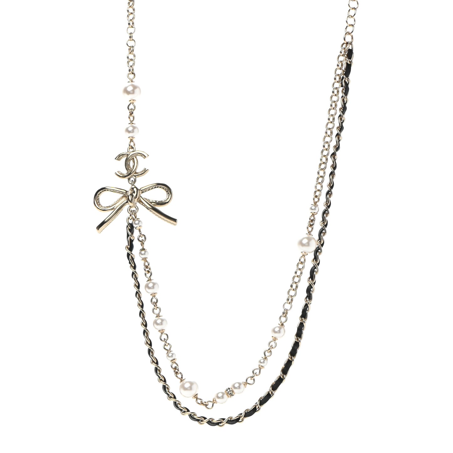 Calfskin Pearl Metal CC Bow Necklace Gold White Black
