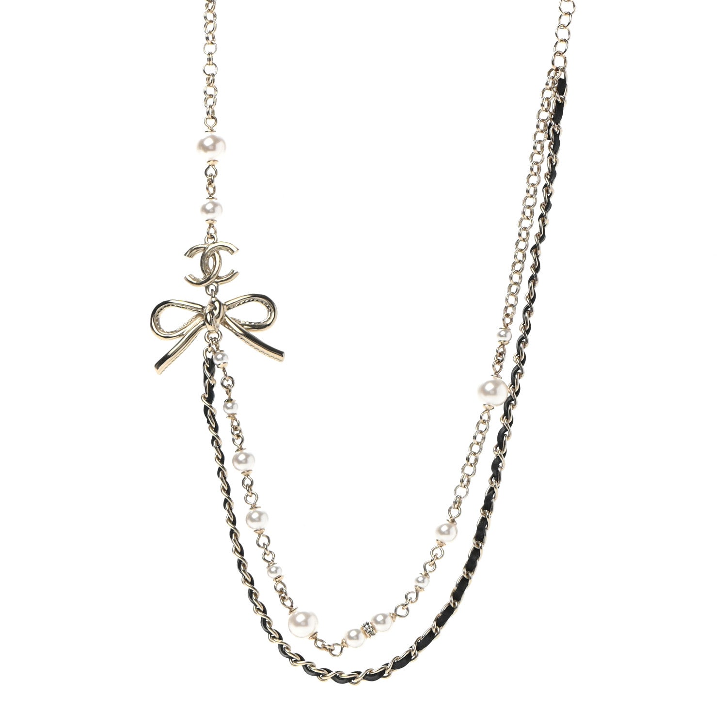 Chanel Calfskin Pearl Metal CC Bow Necklace Gold White Black 1 of 7