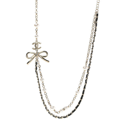 Chanel Calfskin Pearl Metal CC Bow Necklace Gold White Black 1 of 7