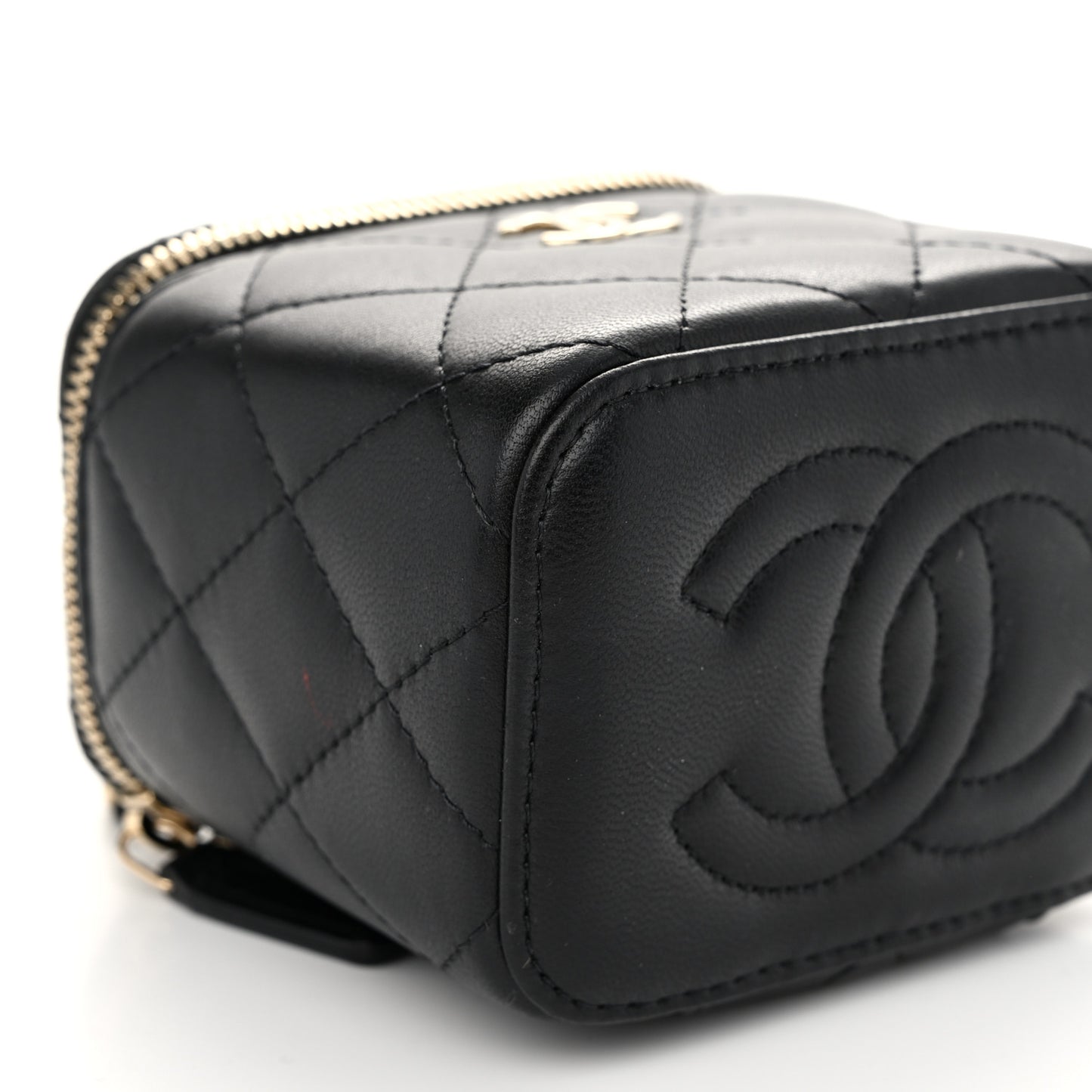 Lambskin Quilted Top Handle Mini Vanity Case With Chain Black