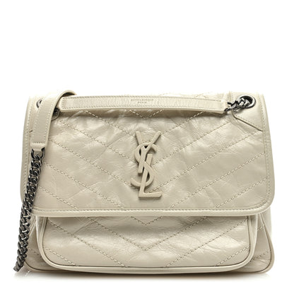 Saint Laurent Crinkled Calfskin Matelasse Monogram Medium Niki Chain Satchel Blanc Vintage 1 of 7