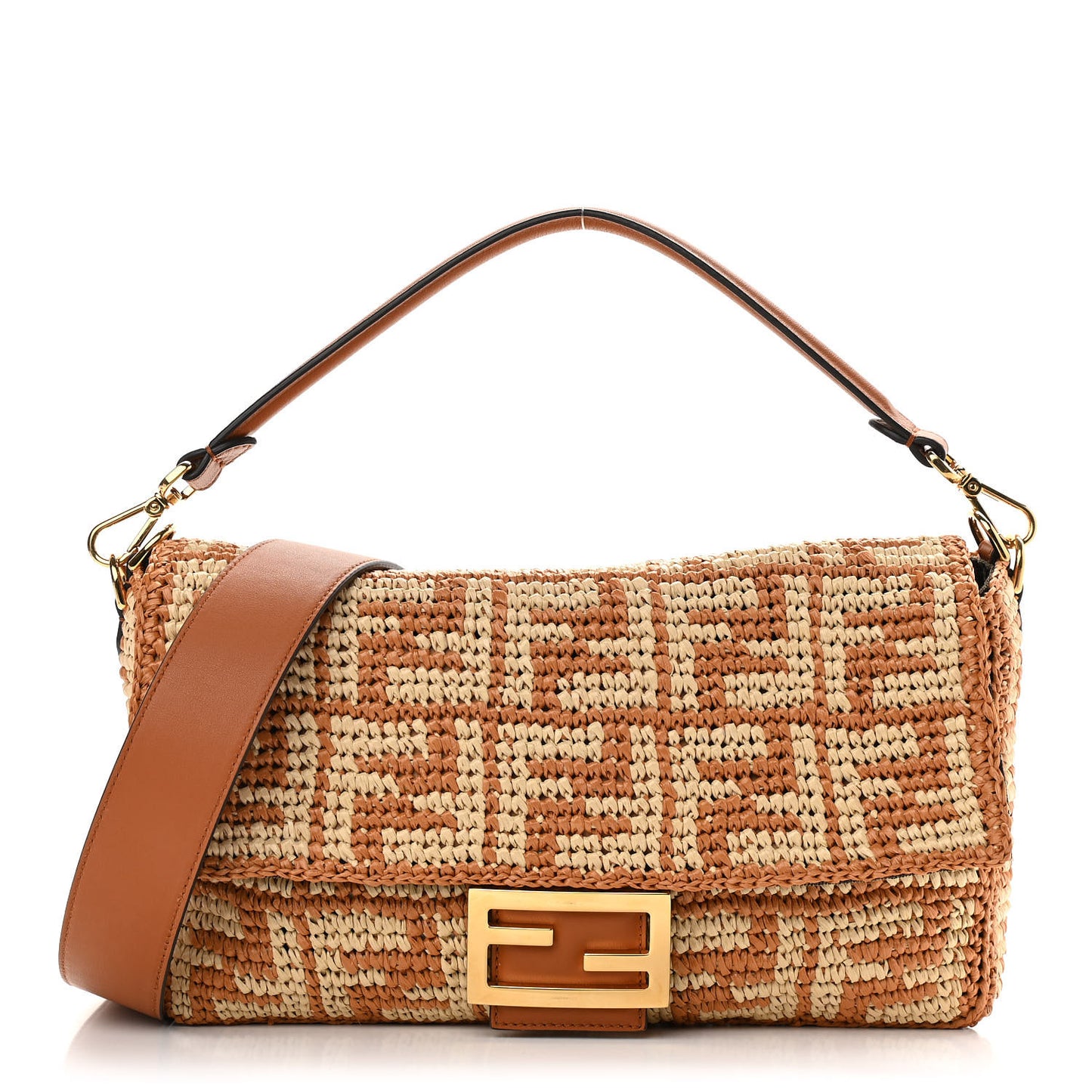 Raffia Vitello Seta FF Woven Large Baguette Brick Natural
