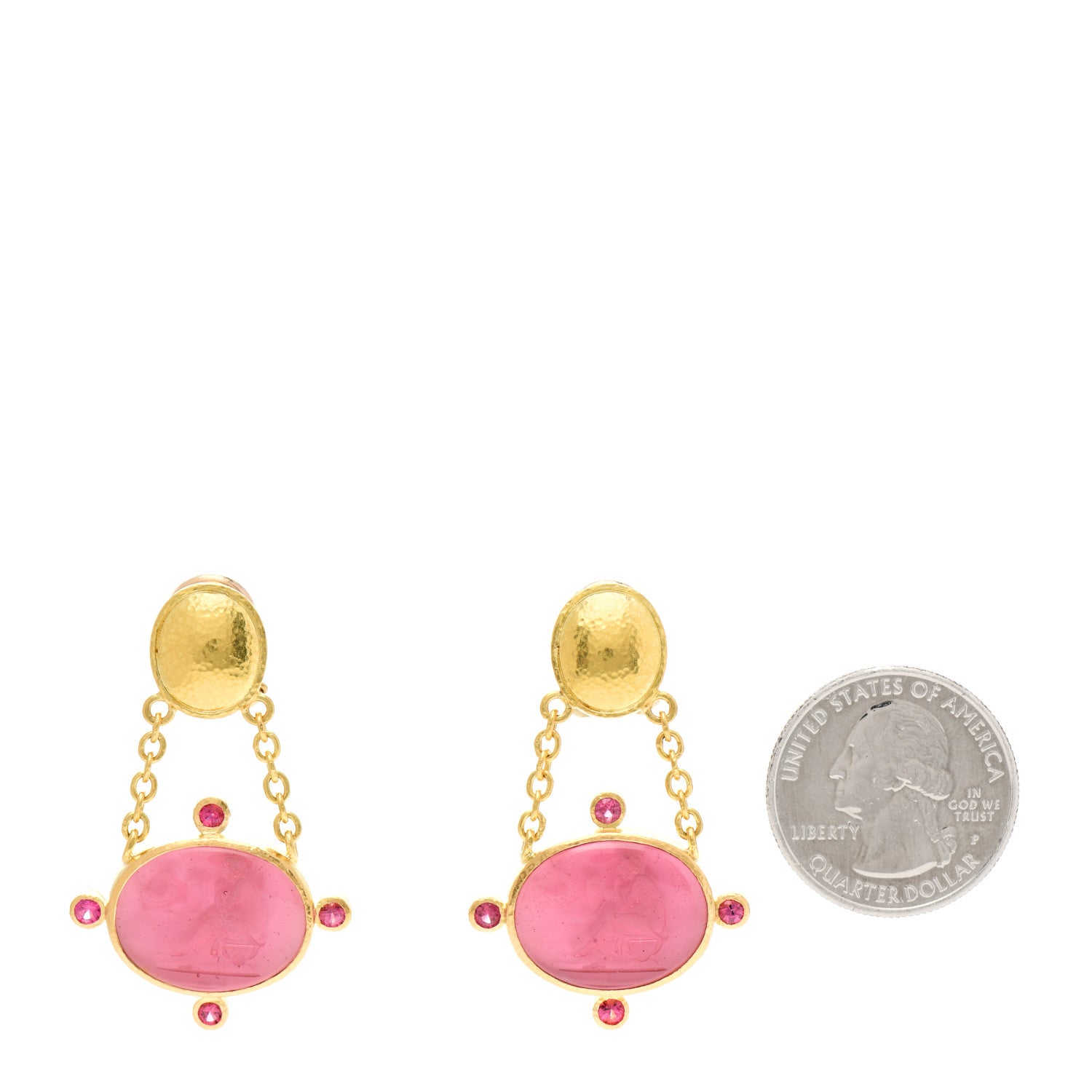 Elizabeth Locke 19K Yellow Gold Pink Spinel Venetian Glass Intaglio Laurel Wreath Drop Chain Earrings 2 of 5