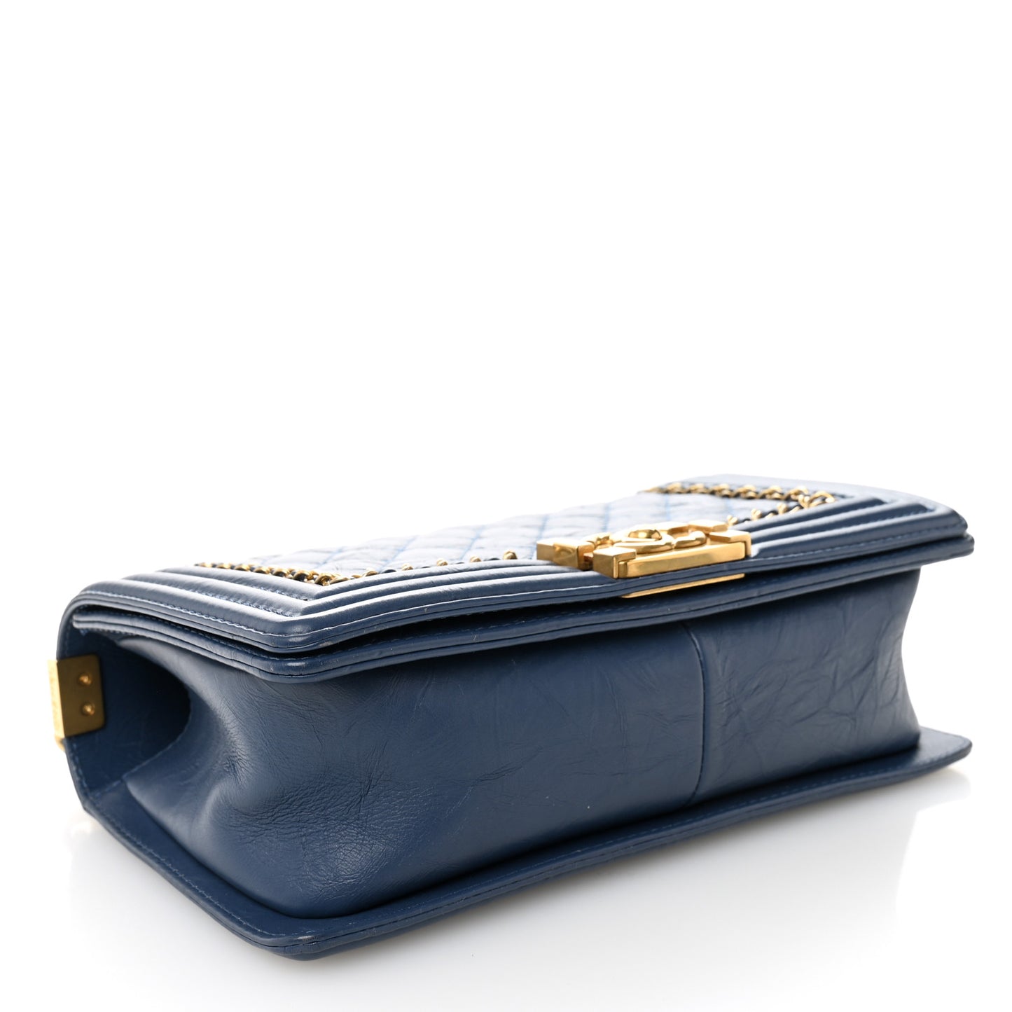 Aged Calfskin Quilted Medium Chain Detail Boy Flap Blue