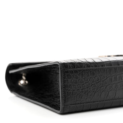 Saint Laurent Calfskin Crocodile Embossed Large Monogram Envelope Chain Shoulder Bag Black 9 of 10