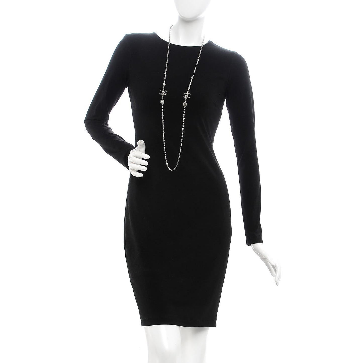 Pearl Crystal Baguette CC Long Necklace Silver