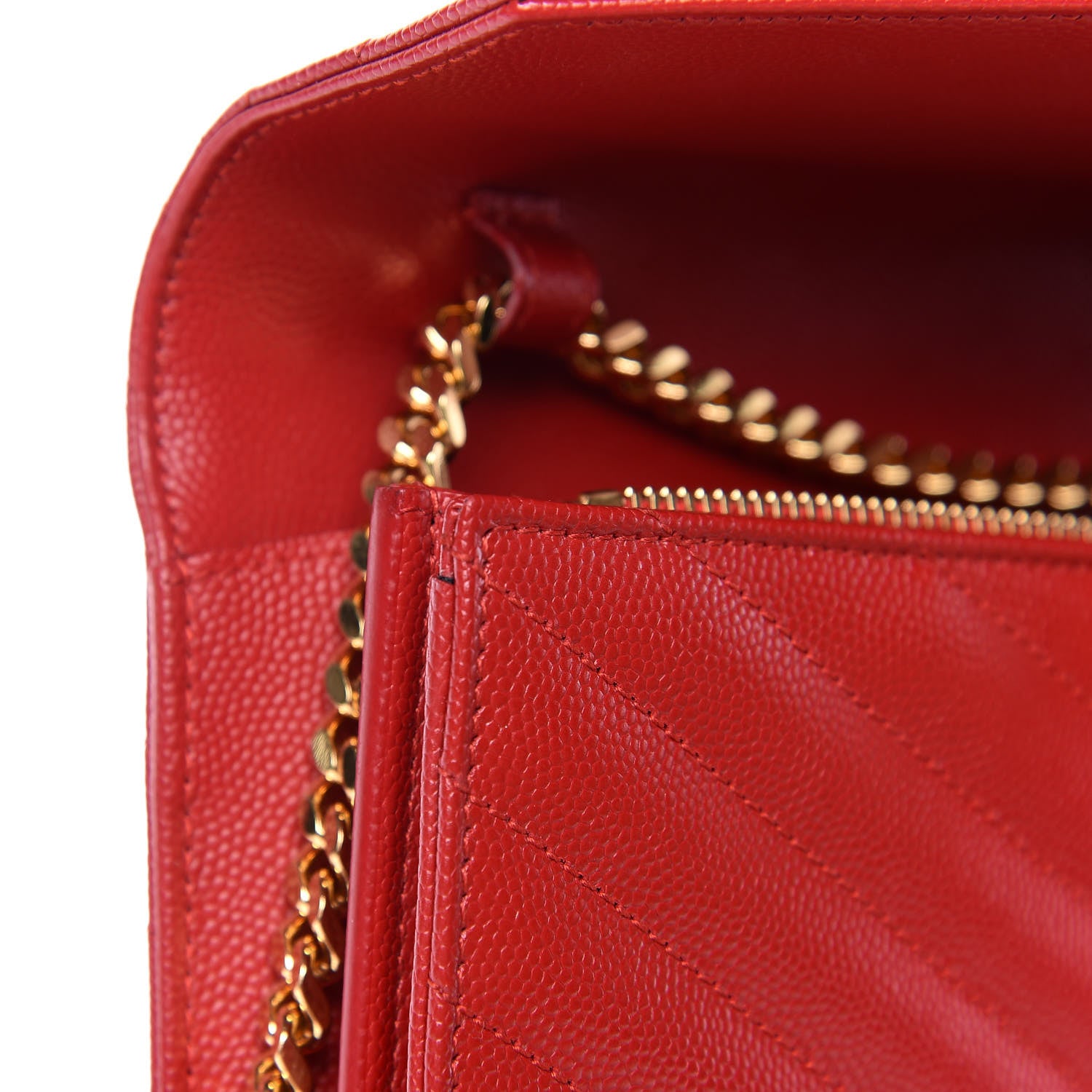 Saint Laurent Grain De Poudre Matelasse Chevron Monogram Chain Wallet New Red 9 of 16