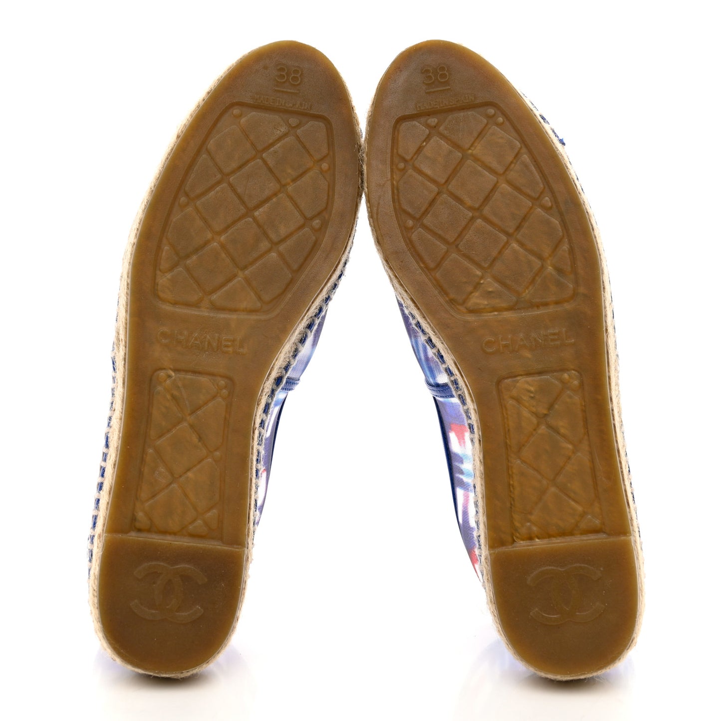 Mesh Lambskin Plaid Print CC Espadrilles 38 Blue White Red