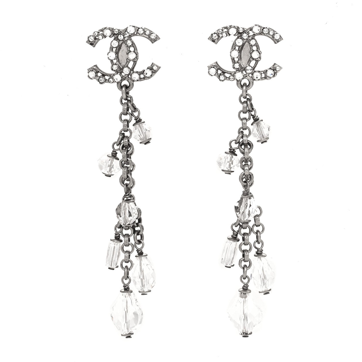 Chanel Crystal CC Dangling Drop Earrings Silver 1 of 4