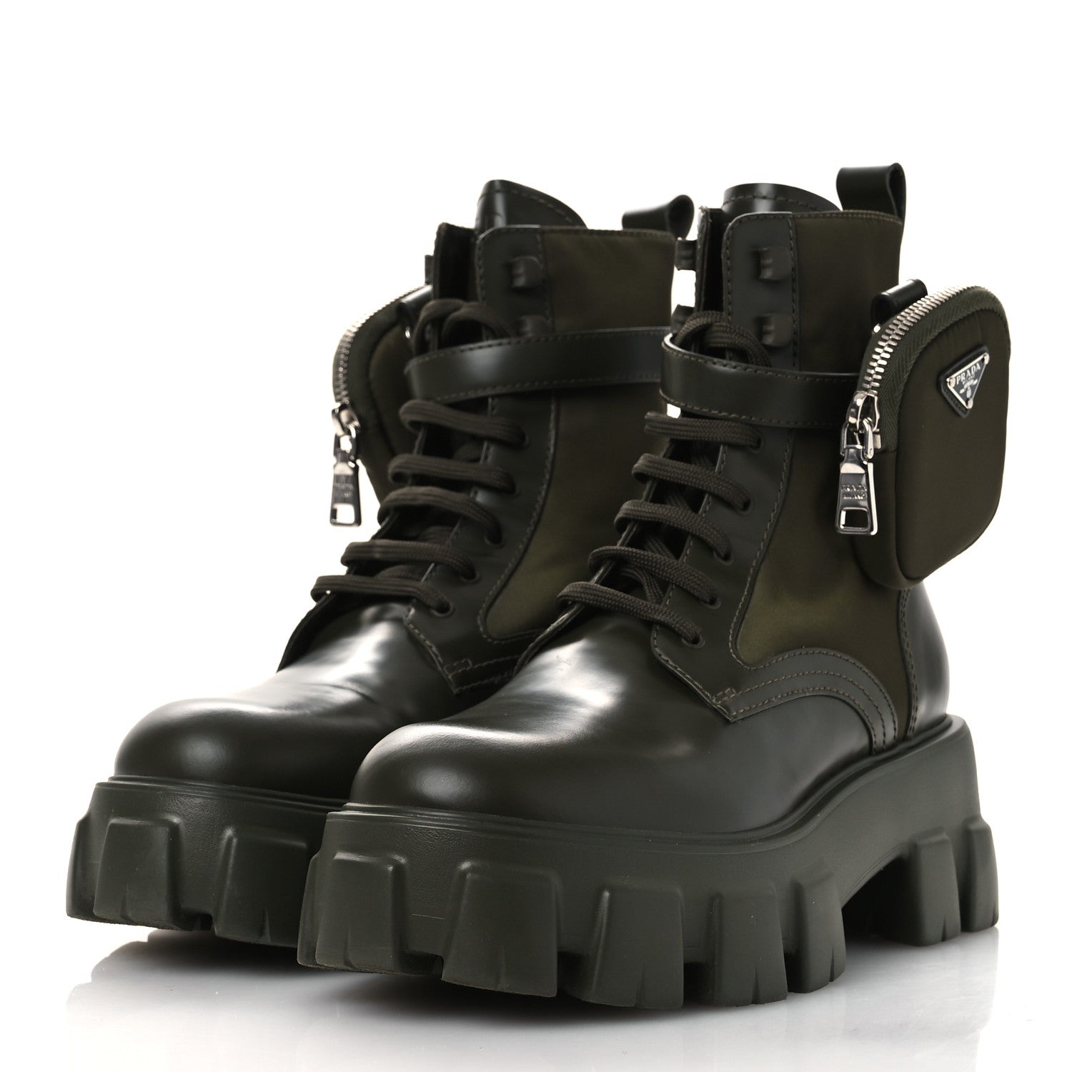 Prada Spazzolato Rois Re-Nylon Metal Triangle Logo Monolith Pouch Pocket 55mm Boots 40 Militare 4 of 13