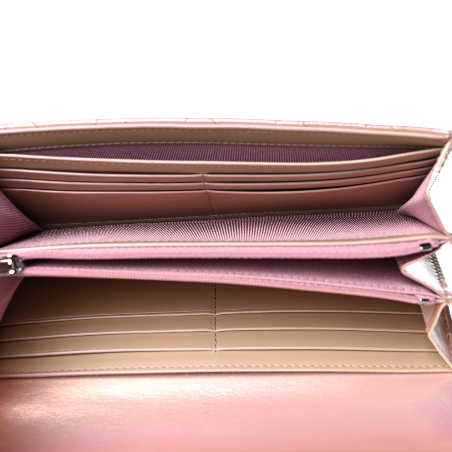 Iridescent Calfskin Quilted Large Gusset Flap Wallet Pink