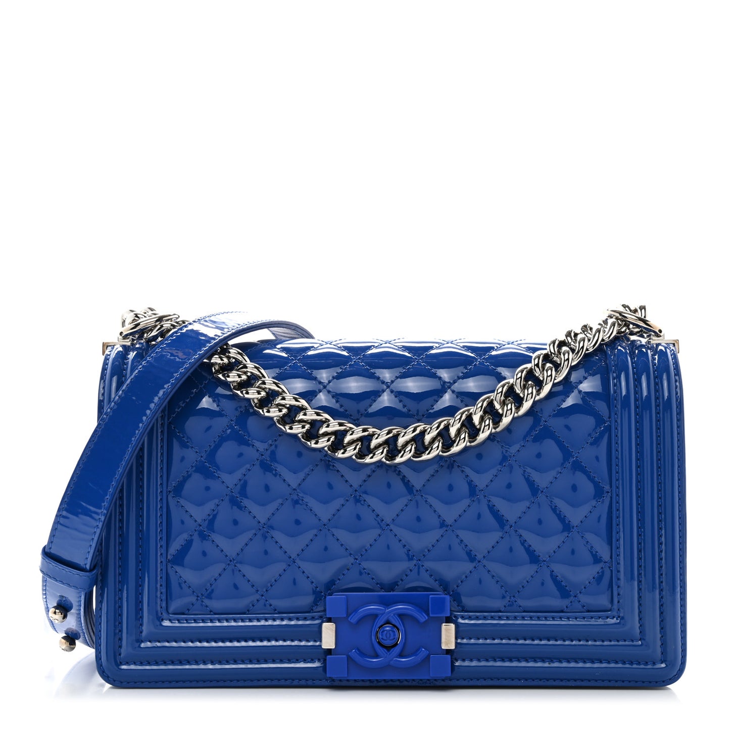 Patent Calfskin Quilted Medium Plexiglass Boy Flap Blue