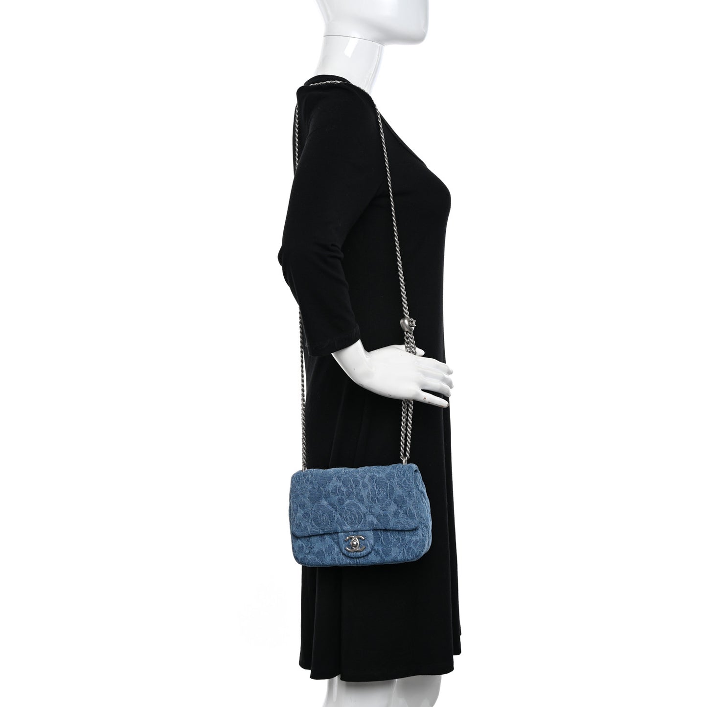 Denim Quilted Camellia Sweetheart Mini Flap Blue