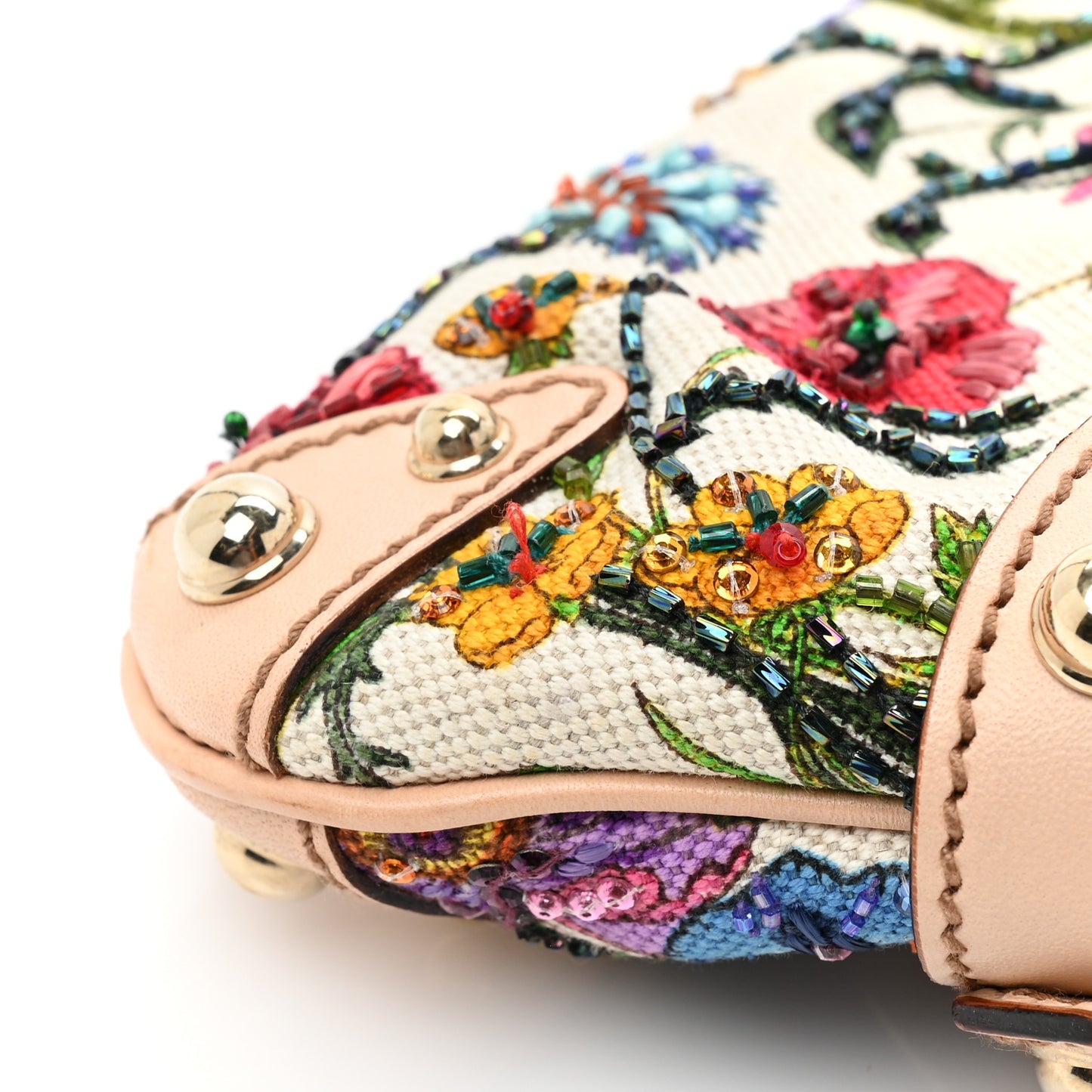Canvas Flora Floral Beaded Small Horsebit Chain Clutch White Multicolor