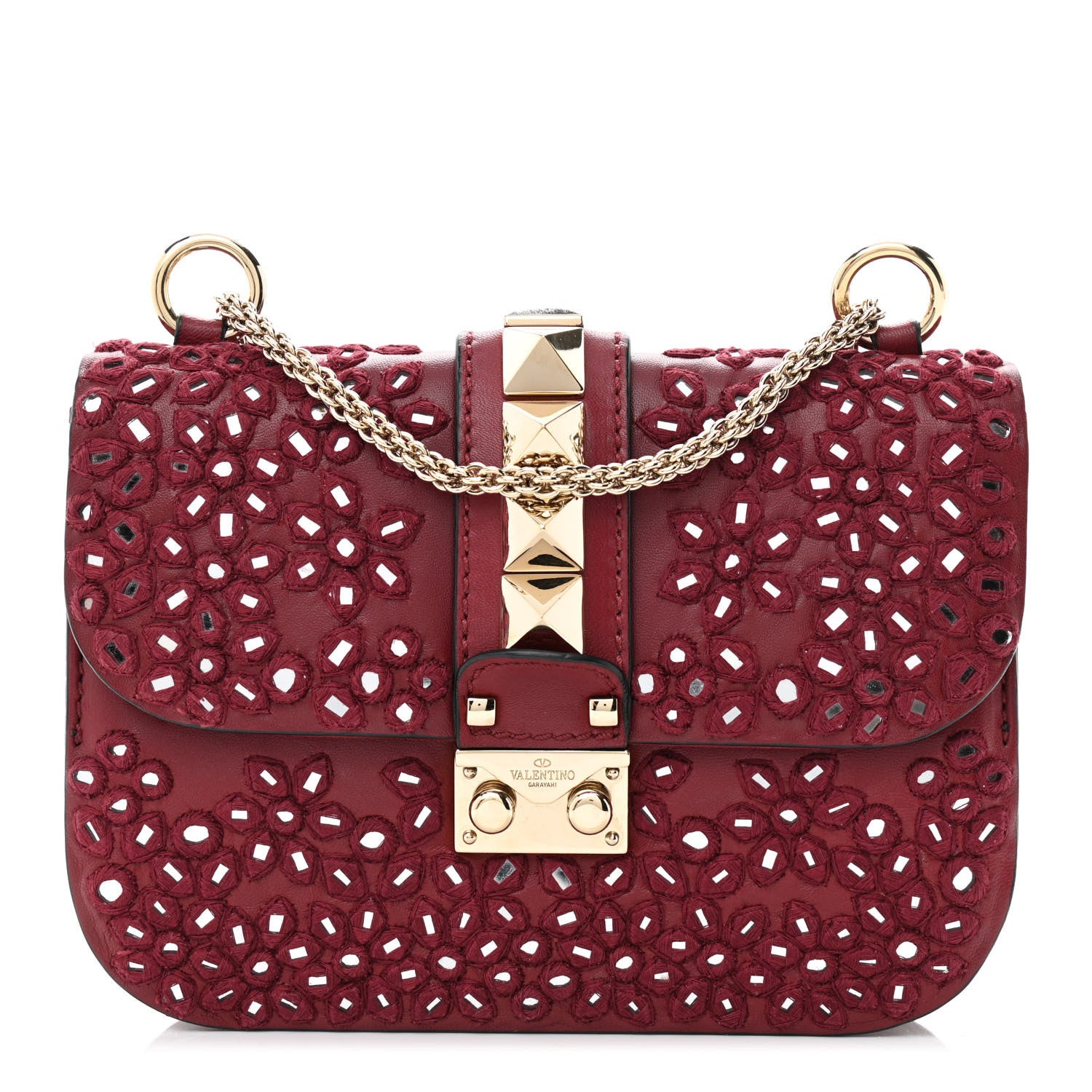Valentino Garavani Vitello Embellished Small Glam Lock Rockstud Flap Dark Red 1 of 12
